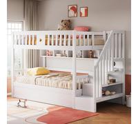 LinoraFurn Cama de madera de 90 x 200 cm, bajo cama hidráulica, escalera de almacenamiento, estanterías, litera, cama juvenil (blanco, 90 x 200 cm)
