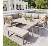 LinoraFurn Juego de muebles de jardín con cojín de alta calidad y cojín de respaldo, sillón de jardín para 6-8 personas, juego de tapicería de ratán sintético trenzado a mano, resistente a la