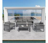 LinoraFurn Juego de muebles de jardín para exteriores de 5 plazas, juego de salón de jardín con patas ajustables, tapizados y estructura de metal inoxidable para balcón, terraza, color gris