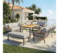 LinoraFurn Juego de sofá de jardín en forma de L de Octavo, con mesa de madera, resistente a la intemperie, de hierro, incluye sillón, banco y encimera de madera/con tapicería gris