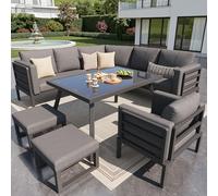 LinoraFurn Juego de sofá de jardín en forma de media luna para 8 personas/estructura de hierro resistente con cojines grises/Completo con mesa de cristal, 1 sillón y 2 taburetes/muebles de terraza