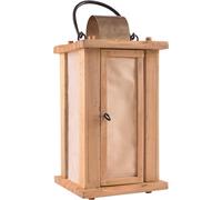 Linterna de madera rústica con ventanas de cuero crudo, ideal para velas