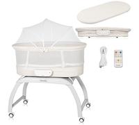 Lionelo Coral 3 en 1 cuna hasta 9 kg, báscula para bebé, 5 velocidades de balanceo, 12 melodías, 4 ruedas, colchón ergonómico, temporizador, mando a distancia, mosquitera