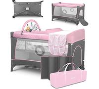 lionelo Flower Camita de Viaje 4 en 1 65 x 125 x 76 cm para niños hasta 15 kg Colchón Organizador Cambiador Toy Bar Juguetes interactivos 2 Reudas Compacta Bolsa (Flamingo)