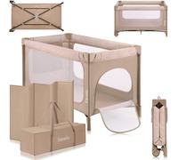 Lionelo Cuna de viaje Jasmin Easy Fold – 15 kg, 0-36 meses, Colchón T25, 2 niveles, ruedas (Beige)