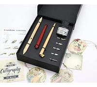 Liquidraw Juego de caligrafía árabe para mano izquierda, bolígrafo de inmersión, bolígrafo de bambú, soportes oblicuos y de madera, 5 puntas y tinta negra de 35 ml, kit de escritura para artistas