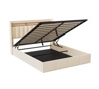Lit coffre 140x200 cm avec LED, USB Type-C, sommier à lattes, velours beige capitonné