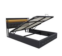 Lit Coffre 160x200 cm, Tête de lit avec LED et ports USB/Type-C, Lit Double avec Sommier à Lattes, PU Noir, Sans Matelas