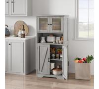 Litake Armario Alto para recibidor 128 cm - Aparador Auxiliar Independiente con 4 Puertas (2 de Vidrio) y estantes Ajustables, Estilo rústico Moderno - Gris Greige - 60x30x128 cm