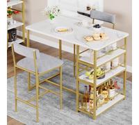 Litake Conjunto de Comedor Alto para 2 (3 Piezas) - Mesa Tipo Bar + 2 sillas tapizadas de Terciopelo - 3 estantes de Almacenamiento, Ideal para Espacios pequeños - Mármol Dorado + Terciopelo Gris -