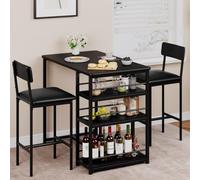 Litake Conjunto de Comedor Alto para 2 (3 Piezas) - Mesa Tipo Bar + 2 taburetes tapizados - 3 estantes de Almacenamiento, Ideal para Espacios pequeños - Negro - 1+2 Set