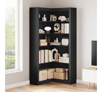 Litake Estantería esquinera en L 182 cm Estilo Farmhouse/Industrial, librería de Esquina Alta de 5 Niveles - Estantes Abiertos de MDF con Kit antivuelco - para salón/Oficina - Color: Negro Relieve