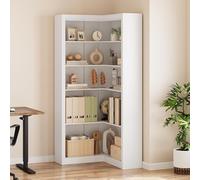 Litake Estantería esquinera en L 182 cm Estilo Farmhouse, librería de Esquina Alta de 5 Niveles - Estantes Abiertos con almacenaje, Madera Resistente con Kit antivuelco - Color: Blanco Relieve Nuevo