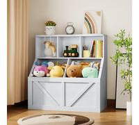 Litake Organizador Infantil 2 en 1 para Juguetes y Libros - Estantería escalonada + baúl con 2 Compartimentos - Antivuelco, Madera, fácil Montaje - Blanco Antiguo