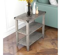Litake Set de 2 mesas auxiliares estrechas estilo rústico de granja para sala de estar - 3 niveles con repisa de almacenamiento - mesa de noche rectangular con protecciones metálicas en las esquinas -