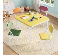 Litake Set Infantil Plegable de Mesa y sillas, Mesa Cuadrada + 4 sillas Acolchadas, tapizado PU Tipo Piel, Estructura metálica, para Actividades y Manualidades - Color 1+4