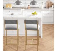 Litake Taburetes de Bar tapizados con Respaldo (Pack 2) - Altura encimera 25,5" - Reposapiés y Estructura metálica, Montaje fácil - Dorado + Terciopelo Gris - Two-Pack Bar Chairs
