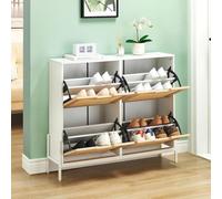 Litake Zapatero con 4 solapas de ratán, zapatero estrecho con 8 estantes, patas de metal, 100 x 24 x 88 cm, color blanco y roble