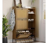 Litake Zapatero estrecho con puertas de ratán y 3 cajones abatibles, 4 niveles con estantes ajustables, mueble independiente para recibidor/pasillo/armario, fácil montaje - Color madera natural (roble