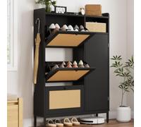 Litake Zapatero Estrecho con Puertas de ratán y 3 cajones abatibles, 4 Niveles con estantes Ajustables, Gran Capacidad hasta 50 Pares, para recibidor/Pasillo/Armario - Negro, versión Mejorada