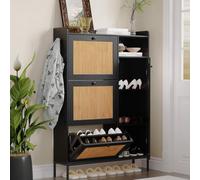 Litake Zapatero Estrecho de ratán con 3 cajones abatibles, 4 Niveles con estantes Ajustables, Mueble Independiente para recibidor/Pasillo/Armario, fácil Montaje - Negro