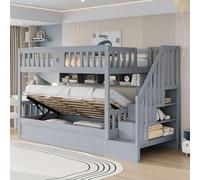 Litera 90 x 200 cm, cama individual con almacenamiento hidráulico, madera | Cuna, cama juvenil con escalera de almacenamiento y estanterías, cama de madera con protección anticaída y somier
