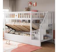 Litera 90 x 200 cm, cama individual con almacenamiento hidráulico, madera | Cuna, cama juvenil con escalera de almacenamiento y estanterías, cama de madera con protección anticaída y somier