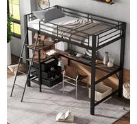 Litera 90 x 200 cm, cama juvenil con barandilla de seguridad, para niños | Cama alta de hierro, cama alta con 3 cajones, mesa de 2 m y escalera inclinada, cama individual, cuna, hierro, sin colchón