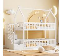 Litera 90 x 200 para niños con techo, escalera de almacenamiento y cajones, color blanco