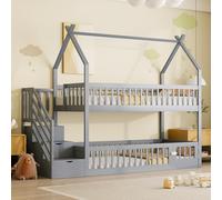 Litera 90 x 200 para niños con techo, escalera de almacenamiento y cajones, color gris
