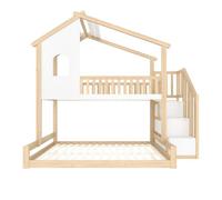Litera 90x200cm+140x200cm - con barrera de cama, escalera con almacenaje, ventana y diseño de casita - natural y blanco
