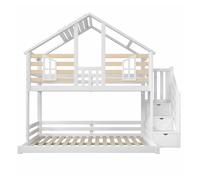 Litera 90x200cm+140x200cm - diseño casita, ventana, escalera con estante - blanco + natural