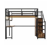 Litera alta metálica 140x200 cm - con escalera de almacenamiento, armario integrado, estante, escritorio, estantería de red, tira de luz y enchufe - negro