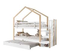 Litera cabaña infantil,cama nido de madera maciza 90x190/200cm con escalera con almacenaje y protección contra caídas,blanco+natural