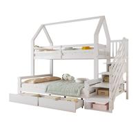 Litera cabaña infantil de madera de pino 90x200cm con 2 cajónes,estante,escalera con almacenaje y protección contra caídas,blanco