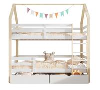 Litera cabaña infantil de madera de pino 90x200cm con 2 cajónes,protección contra caídas y escalera,blanco+natural