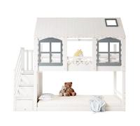 Litera cabaña infantil de madera de pino 90x200cm con techo,ventana,escalera con almacenaje y protección contra caídas,blanco