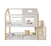 Litera cabaña infantil de madera de pino 90x200cm con techo,ventana,escalera con almacenaje y protección contra caídas,blanco+natural