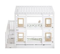 Litera cabaña infantil de madera de pino y mdf 90x200cm con 2 cajónes,ventanas,escalera con almacenaje y protección contra caídas,blanco+natural