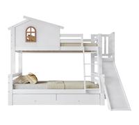Litera cabaña infantil de madera maciza 90/120x200cm con 2 cajónes,tobogán,escalera y protección contra caídas,blanco