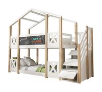 Litera cabaña infantil de madera maciza 90x200cm con pizarra,2 somieres,escalera con almacenaje y protección contra caídas,blanco+natural