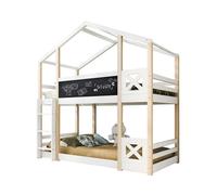 Litera cabaña infantil de madera maciza 90x200cm con pizarra,2 somieres,escalera y protección contra caídas,blanco+natural
