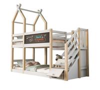 Litera cabaña infantil de madera maciza 90x200cm con pizarra,escalera con almacenaje y protección contra caídas,blanco+natural