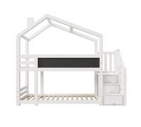 Litera cabina de 90x200 cm de madera maciza - con escalera de almacenamiento（2 cajones） y pizarra - blanco