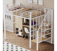 Litera de 140 x 200 cm con estructura metálica estable, cama infantil con escalera y espacio de almacenamiento inferior, cama multifunción, cama de metal, cama individual, cama de juegos, cama alta