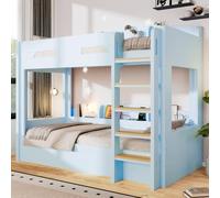 Litera de 90 x 200 cm, cuna con compartimentos superior e inferior, azul | Cama doble con estación de carga USB, escaleras y anticaídas, cama juvenil, cama de madera con somier, para niños