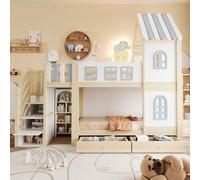 Litera de 90 x 200 cm, diseño de casa, rejilla de nubes, escalera de | Cama infantil con cajones, estanterías, ventanas, somier de láminas para dormitorio juvenil, dormitorio