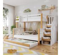 Litera de 90 x 200 y 120 x 200 cm, cama con espacio de almacenamiento | Cuna, cama juvenil con protección anticaídas, barandilla y estanterías, cama de madera con somier, cama individual, pino