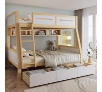Litera de 90 x 200 y 120 x 200 cm, cama doble con protección anticaída y | Cuna, cama juvenil con 3 cajones con ruedas, escalera y soporte para libros de imágenes, cama alta de pino, sin colchón