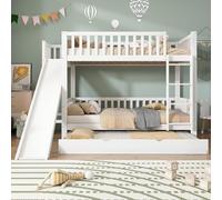 Litera de 90 x 200 y 90 x 190 cm con cama nido y somier, pino, color blanco | Cama de matrimonio, cama infantil con protección anticaídas, tobogán, estantes y escaleras, cama juvenil